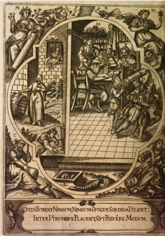 Agostino mette in guardia dagli eccessi, stampa seicentesca di Wandereisen pubblicata nel 1631 a Ingolstadt