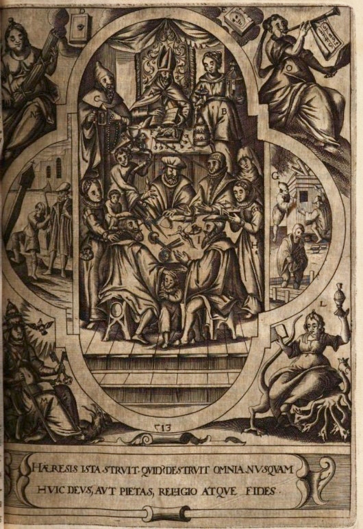 Agostino combatte gli eretici, stampa seicentesca di Johannes Wandereisen pubblicata nel 1631 a Ingolstadt