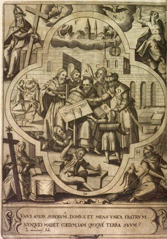 Agostino fonda un monastero, stampa seicentesca di Johannes Wandereisen pubblicata nel 1631 a Ingolstadt