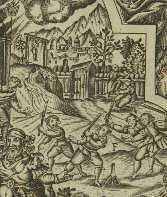 Il furto delle pere, particolare di una stampa seicentesca di Johannes Wandereisen pubblicata nel 1631 a Ingolstadt