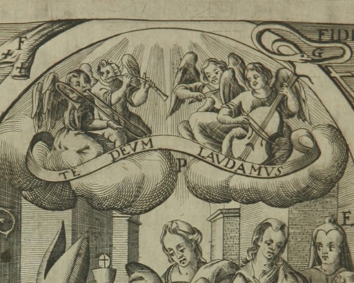 Il battesimo di Agostino: particolare della leggenda del Te Deum, in una stampa seicentesca di Johannes Wandereisen pubblicata nel 1631 a Ingolstadt