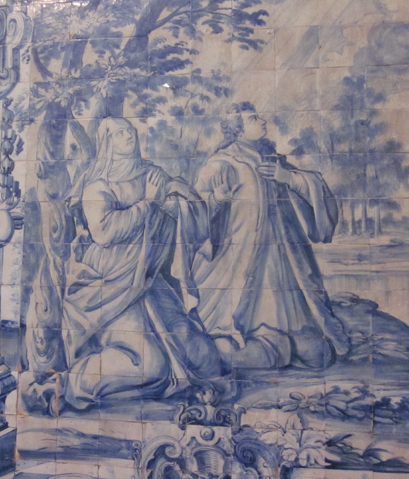 Agostino racconta la sua conversione alla madre Monica: azulejo nella chiesa di santa Cruz a Coimbra