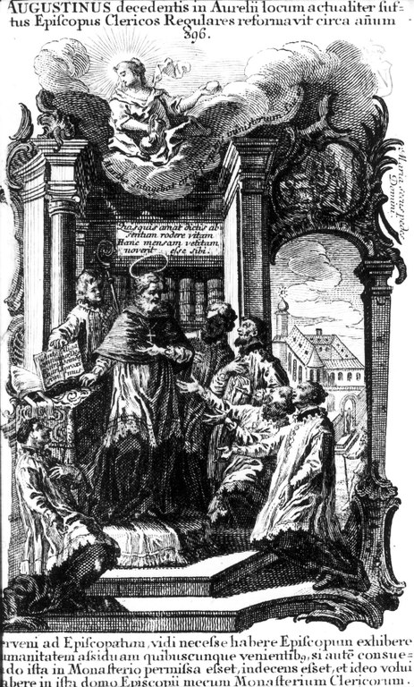Agostino dona la sua Regola ai canonici agostiniani, da una Stampa dei fratelli Klauber