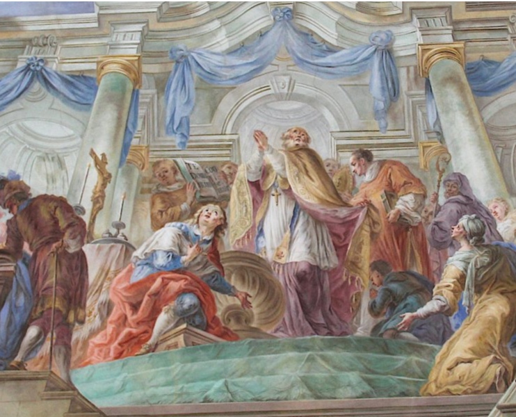 Il battesimo di Agostino e il canto del Te Deum: affresco di Enderle nella chiesa di S. Agostino a Lauingen