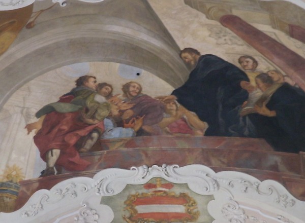 Agostino disputa con gli eretici e li confuta, affresco di Reiner sul soffitto barocco della chiesa dei santi Tommaso ed Agostino a Praga