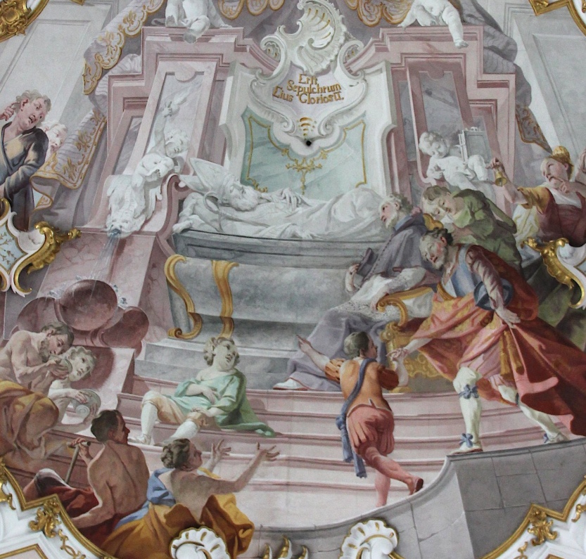 Agostino guarisce degli infermi sulla sua tomba, affresco di Matthaus Gunther nella chiesa agostiniana della Nativit di Maria a Rottenbuch
