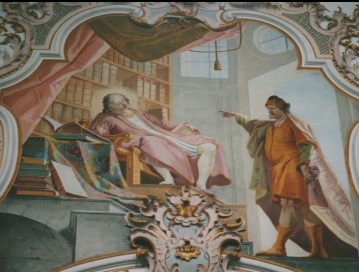 Agostino riceve la visita di Ponticiano che gli propone la vita ascetica, affresco di Matthaus Gunther nella chiesa agostiniana della Nativit di Maria a Rottenbuch
