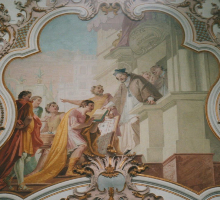 Agostino consegna la Regola a un giovane nobile, affresco di Matthaus Gunther nella chiesa agostiniana della Nativit di Maria a Rottenbuch