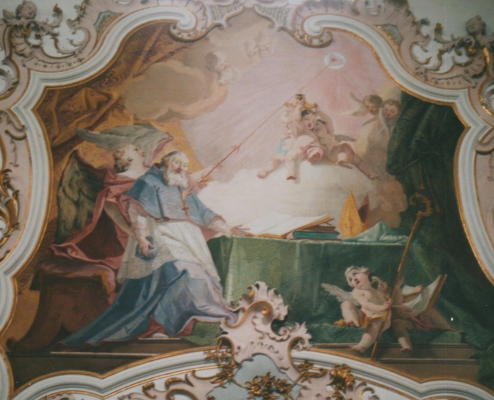 Agostino  innamorato della Trinit, affresco di Matthaus Gunther nella chiesa agostiniana della Nativit di Maria a Rottenbuch