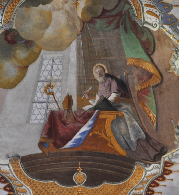 Agostino al lavoro sotto l'ispirazione divina: affresco di Johann Zick a Schussenried