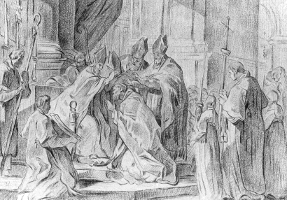 Consacrazione a vescovo, disegno di Carl Van Loo nella Chiesa di Notre-Dame-des-Victoires a Parigi