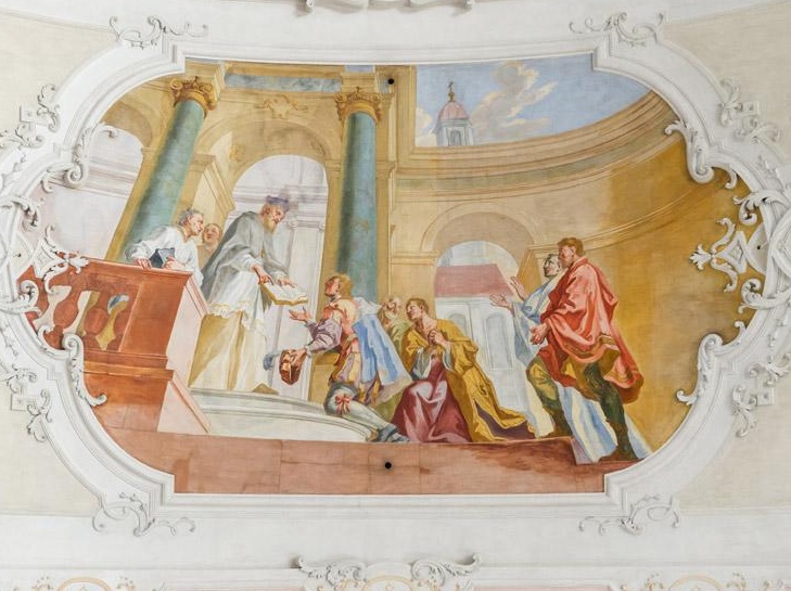 Affresco di Zimmermann nella chiesa parrocchiale di Weyarn che raffigura Agostino che consegna la Regola a un giovane