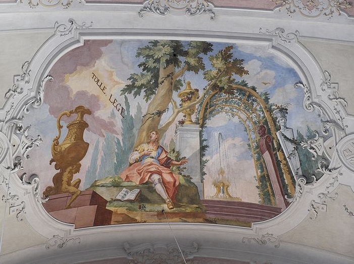 Affresco di Zimmermann nella chiesa parrocchiale di Weyarn che raffigura la scena del tolle lege nel giardino di Milano