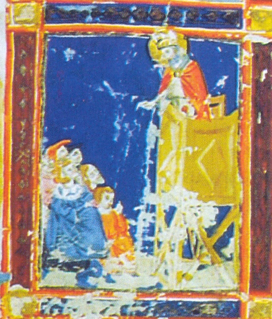 Cortona, Biblioteca comunale, dalla Legenda Aurea ms. 22 f. 153v: Agostino ascolta le predicazioni di Ambrogio