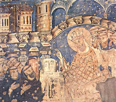 Agostino consegna la sua regola ai frati, affresco di Framncesco di Bocco nella chiesa agostiniana di Fabriano