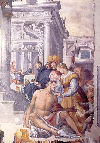 Una donna soccorre un povero, affresco nella chiesa agostiniana di san Marco a Milano