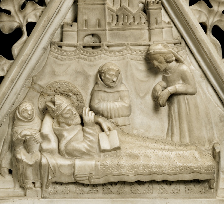 Agostino sul letto di morte benedice un malato, particolare dell'Arca di sant'Agostino in san Pietro in Ciel d'Oro a Pavia