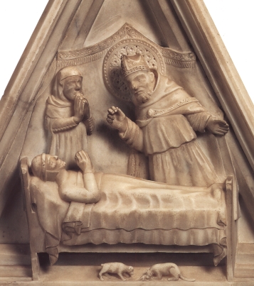 Agostino guarisce un priore, pannello dell'Arca di sant'Agostino in san Pietro in Ciel d'Oro a Pavia