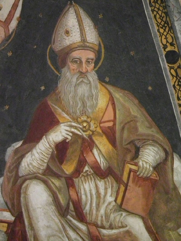 Particolare di sant'Agostino affrescato nell'abside della chiesa di San Vigilio a Pinzolo dipinta da Simone Baschenis