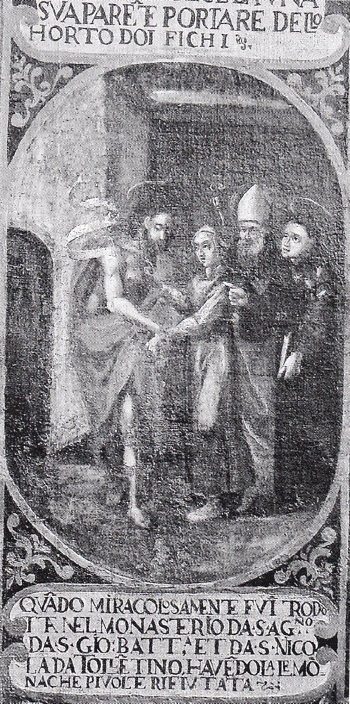 Rita da Cascia  accompagnata al monastero dai suoi santi protettori
