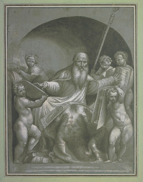 Sant'Agostino in trono indica i suoi libri