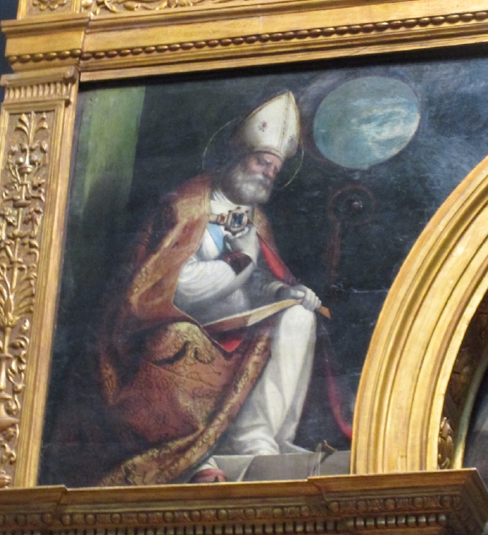 Madonna in trono con Agostino e santi: particolare di sant'Ambrogio