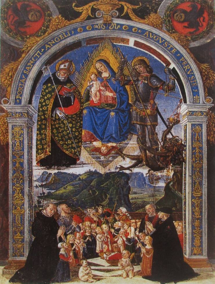 Madonna con Bambino in gloria tra sant'Agostino e san Michele Arcangelo, adorata da fanciulli, vecchi, pellegrini e figure oranti