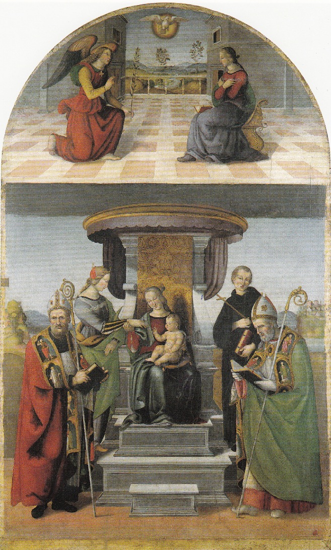 Matrimonio mistico di santa Caterina d'Alessandria con sant'Agostino, san Nicola da Tolentino e san Florido, Annunciazione