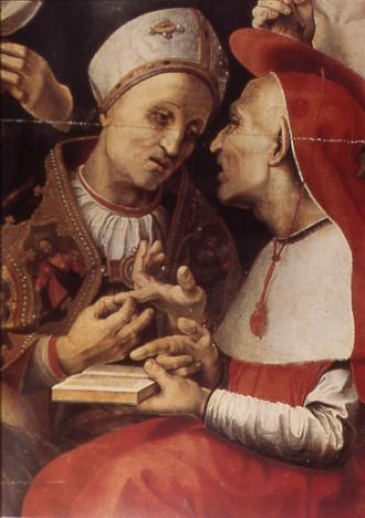 Particolare del quadro Madonna col Bambino e i quattro Dottori della Chiesa di Girolamo Genga