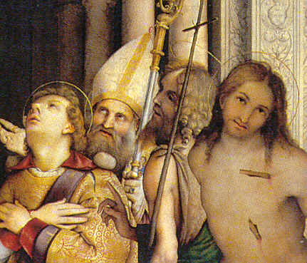 Madonna col bambino, Agostino e santi: particolare di sant'Agostino