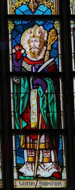 Particolare di Agostino vescovo e Dottore della Chiesa in una vetrata a Lovanio