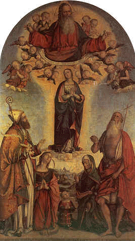 La Madonna Assunta, il Padre Eterno, i Santi Girolamo, Agostino, Caterina di Alessandria, Ginevra Tiepolo e il figlio Costanzo II Sforza di Girolamo Marchesi