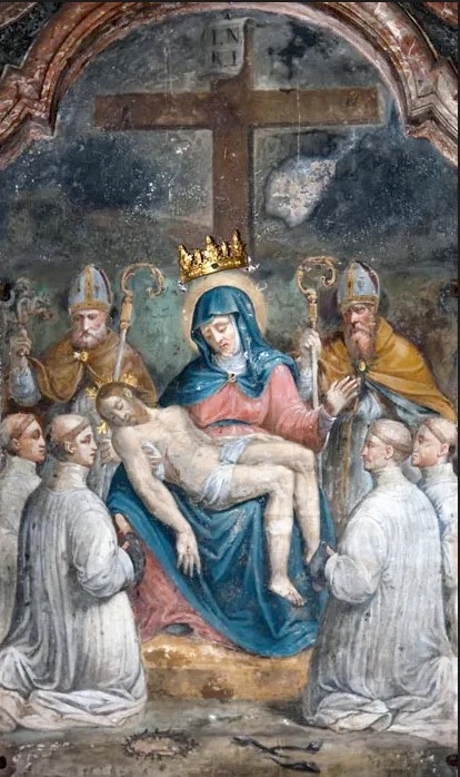 Madonna della Passione tra i santi Ambrogio ed Agostino, affresco del primo Cinquecento