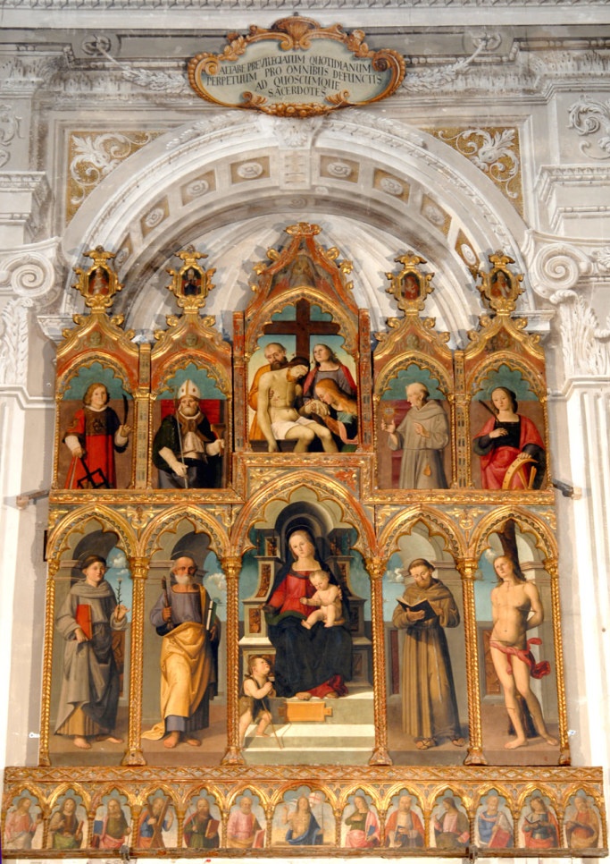 La Vergine in trono, Cristo deposto e Santi con i Dottori della Chiesa nei pennacchi