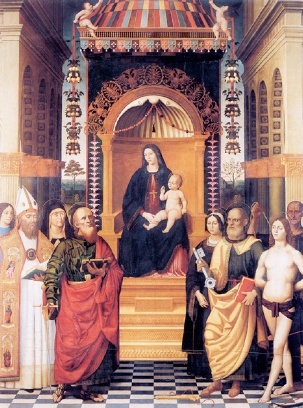 Madonna con Bambino in trono con i santi Agostino, Monica, Paolo, Candida, Pietro e Sebastiano