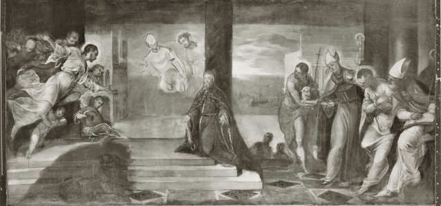 San Giovanni Battista, sant'Agostino, san Giovanni Evangelista e san Gregorio Magno presentano il doge Alvise Mocenigo al Redentore