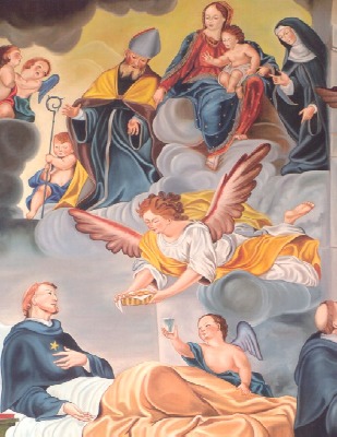San Nicola e il miracolo del pane, con Agostino, Monica e la Vergine, opera di Baserraga a Cuzco