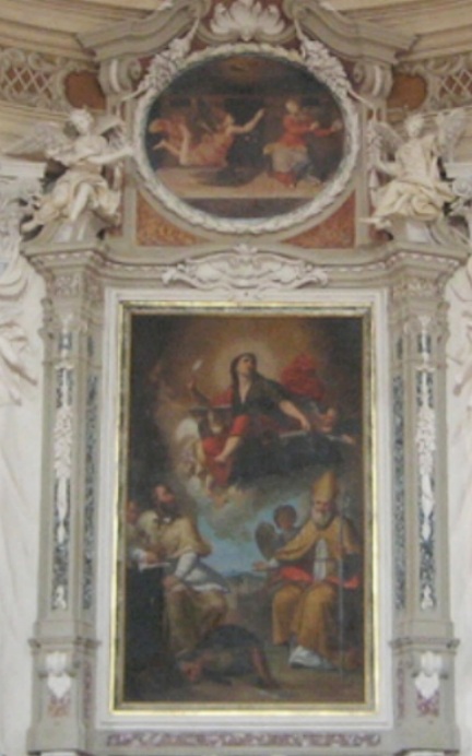 Ancona dell'altare con la pala della chiesa di S. Agostino e Cesena con i santi Agostino, Giovanni Evangelista e Severo vescovo