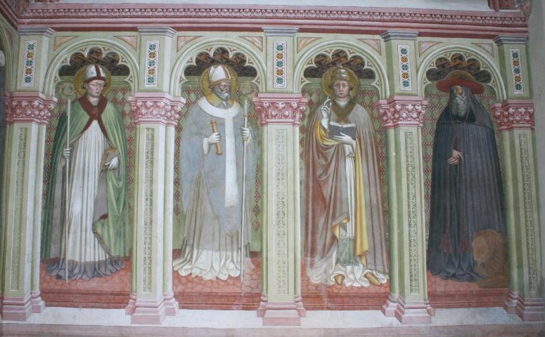 Sant'Agostino vescovo e Dottore, a sinistra, con gli altri Dottori della Chiesa, Ambrogio, Gregorio e Gerolamo