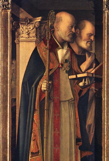 Sant'Agostino (a sinistra) e san Pietro nel Trittico di Bellini per la Chiesa dei Frari a Venezia