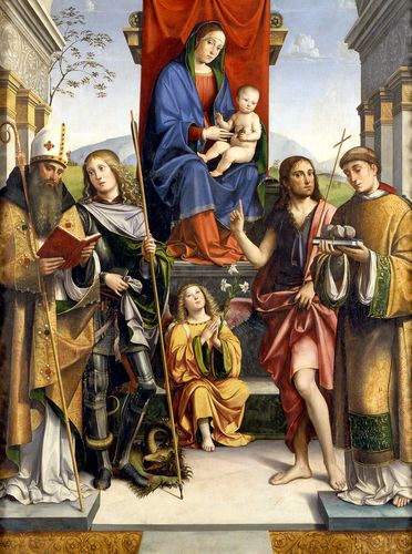 Agostino vescovo e santi con la Vergine in trono