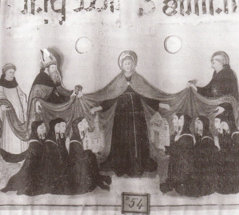 Monica tra i santi Agostino e Nicola da Tolentino con monache agostiniane in preghiera