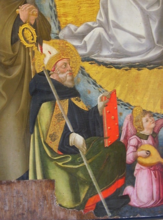 Incoronazione della Vergine con Agostino e angeli musicanti di Bicci di Neri con il particolare di Agostino
