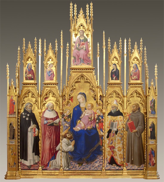 Madonna con Bambino, angeli e il beato Giovanni Colombini tra 
								i santi Domenico, Girolamo, Agostino, Francesco d'Assisi, Cosma, Angelo annunciante, Cristo Redentore benedicente, Maria Vergine annunciata, 
								san Damiano e Santi