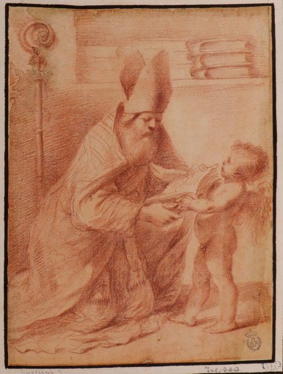 Studio di Sant'Agostino che legge in ginocchio un libro tenuto da un angelo bambino