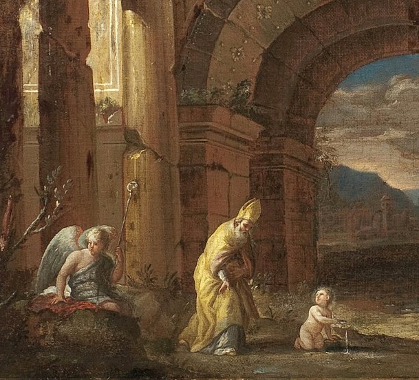 Capriccio con la visione di Sant'Agostino in un porticato in rovina
