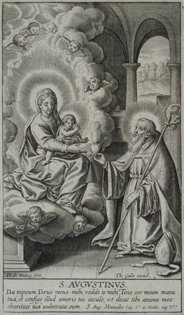 Agostino offre il cuore trafitto alla Vergine in trono con il Bambino