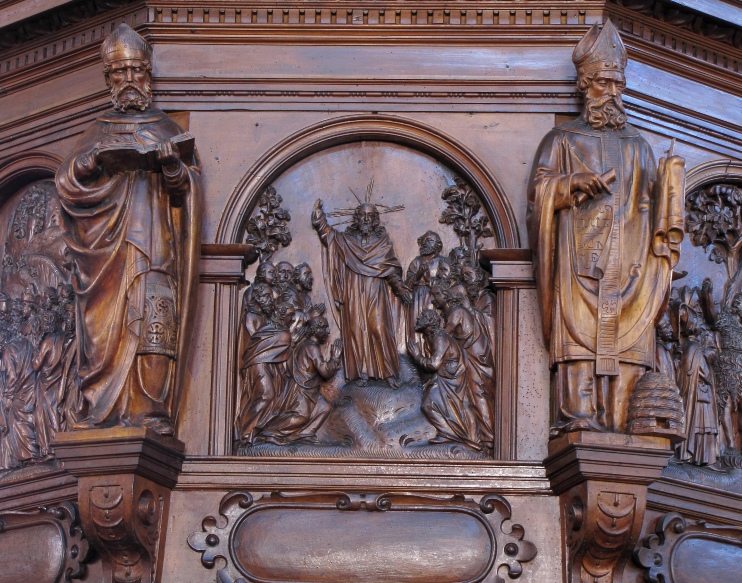 Sant'Agostino vescovo e Dottore della Chiesa con sant'Ambrogio e il pannello del Discorso sulla Montagna