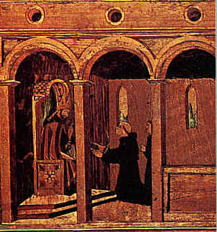 Il priore presenta ad Agostino la carta di fondazione del convento