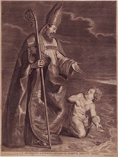 Sant'Agostino e un bambino sulla spiaggia: stampa di Voet Alexander